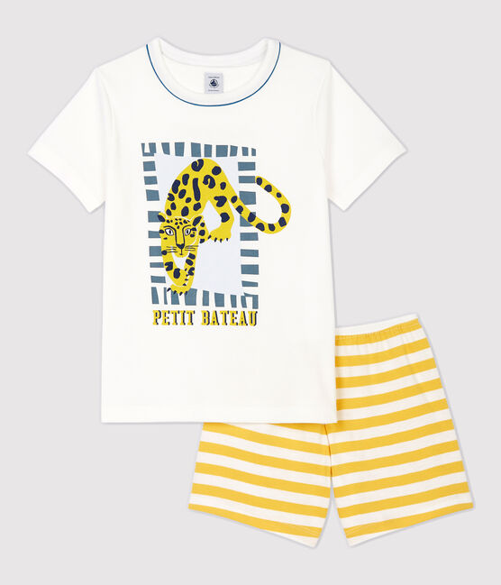 Pijama corto con motivo de pantera de niño de algodón blanco MARSHMALLOW/amarillo OCRE