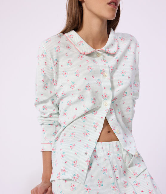 Pijama abotonado de algodón estampado para mujer blanco MARSHMALLOW/blanco MULTICO