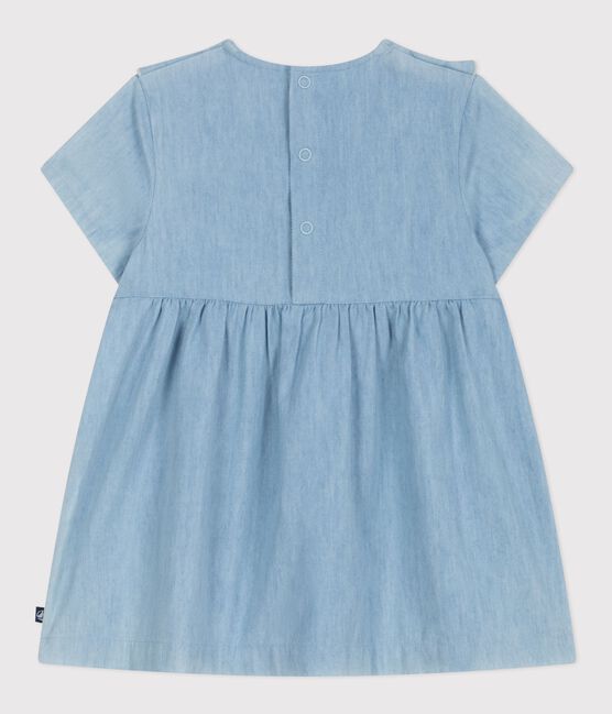 Vestido de algodón chambray de manga corta con bordado con corazones para bebé azul BLEU CLAIR