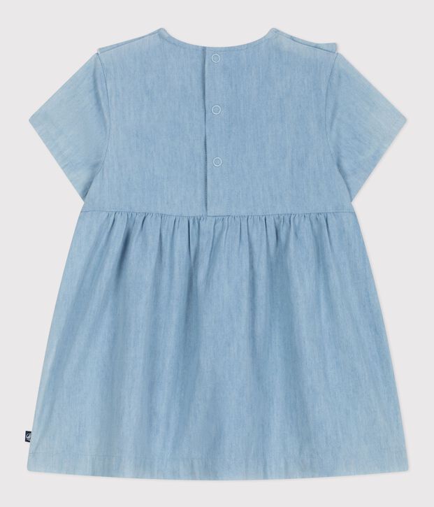 Vestido de beb&eacute; de chambray de manga corta bordado con corazones. azul