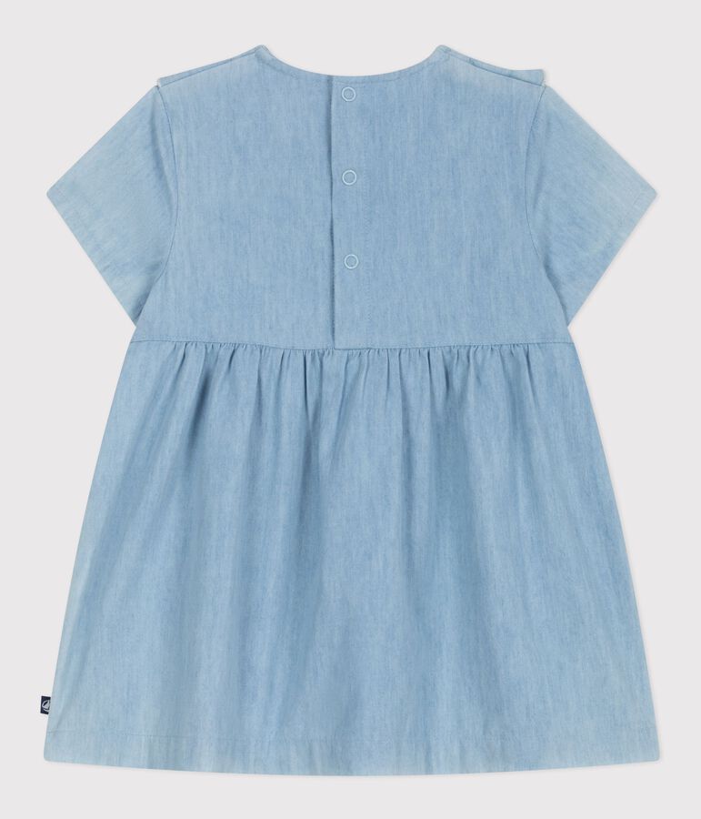 Vestido de algod&oacute;n chambray de manga corta con bordado con corazones para beb&eacute; azul