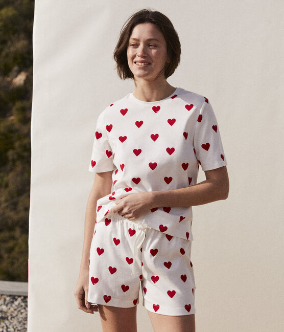 Pijama corto de algodón con corazón para mujer blanco MARSHMALLOW/rojo TERKUIT