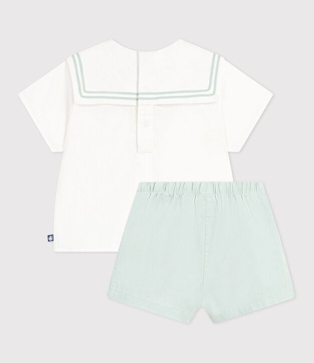 Conjunto para beb&eacute; de 2 piezas de algod&oacute;n/lino, parte superior con cuello marinero blanco/azul