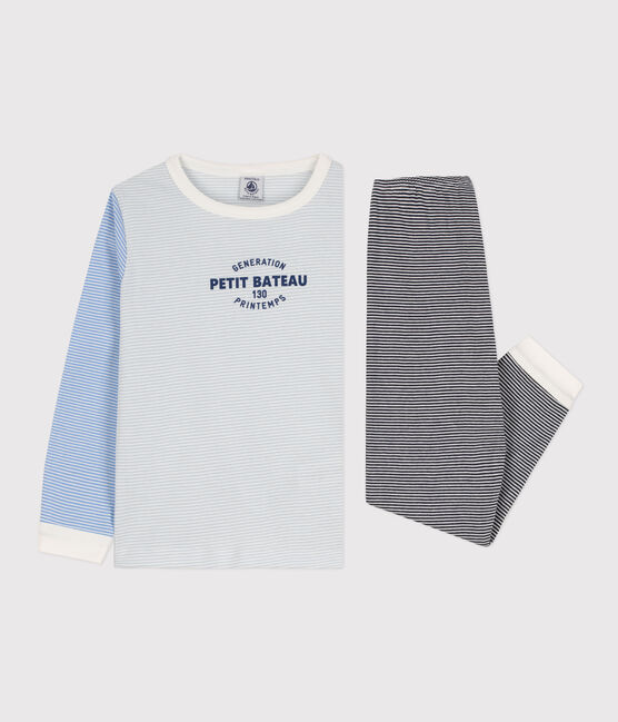 Pijama de algodón milrayas tricolor para niño/niña azul SMOKING/blanco MULTICO