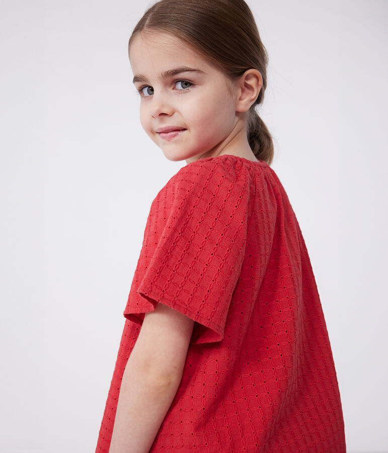 Blusa infantil de manga corta de algod&oacute;n con motivo de flores rojo
