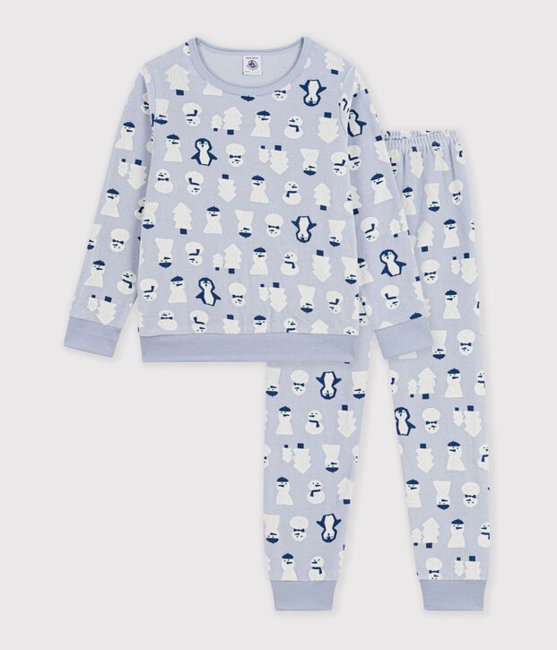 Pijama infantil de terciopelo con estampado de mu&ntilde;ecos de nieve azul/multicolor