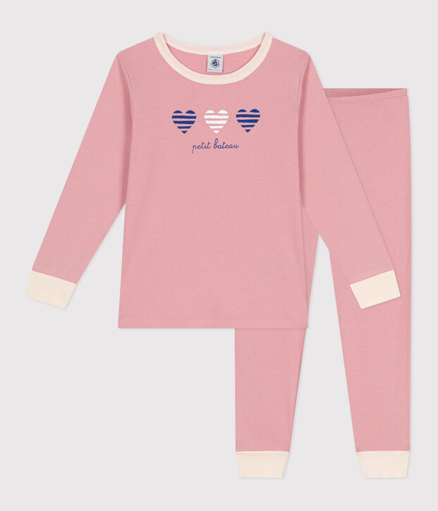 Pijama infantil liso de manga larga de algod&oacute;n rosa