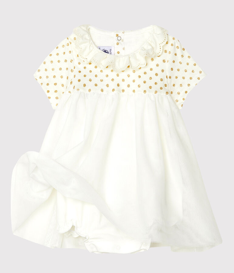 Vestido-bodi de algod&oacute;n de lino para beb&eacute; ni&ntilde;a blanco/amarillo