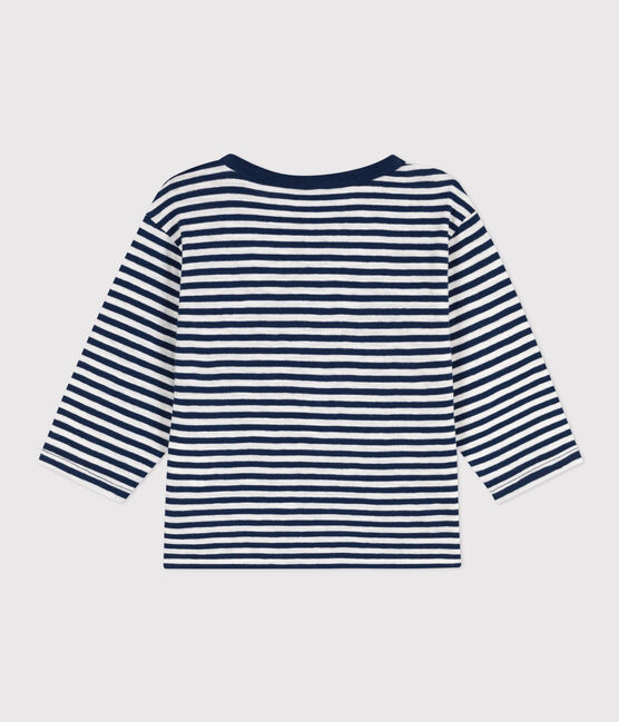 Camiseta de manga larga de punto flameado a rayas para bebé azul MEDIEVAL/blanco MARSHMALLOW