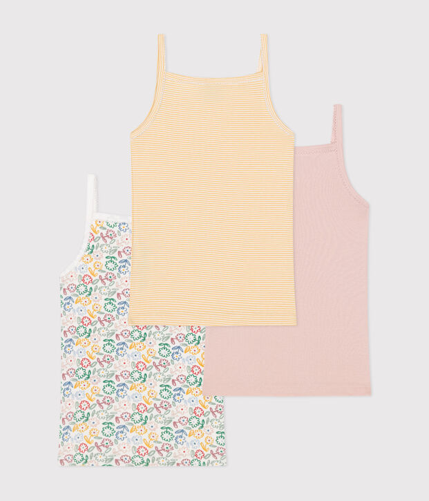 Juego de 3 camisetas infantiles de tirantes finos de algod&oacute;n con flor multicolor