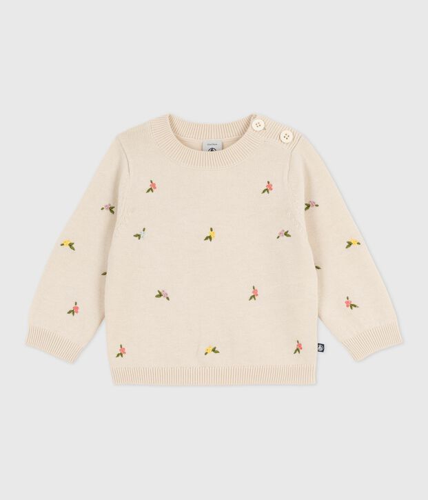 Jersey de lana y algod&oacute;n con flores bordadas para beb&eacute; crudo/multicolor