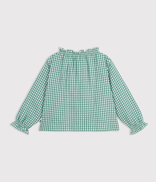 Blusa infantil de algod&oacute;n de manga larga con cuello y estampado verde/blanco