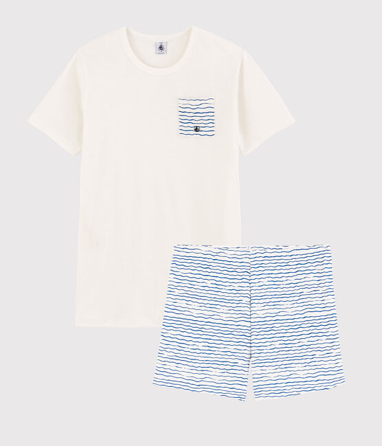 Pijama corto blanco y azul de canalé unisex blanco MARSHMALLOW/azul COOL