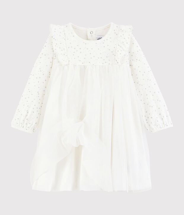 Vestido de manga larga para beb&eacute; ni&ntilde;a blanco/gris