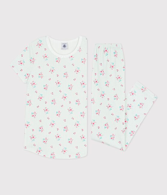 Pijama infantil de algodón de manga corta y pierna larga con flores blanco MARSHMALLOW/blanco MULTICO