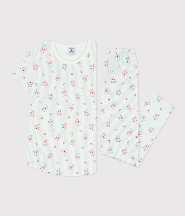 Pijama infantil de algod&oacute;n de manga corta y pierna larga con flores blanco/multicolor