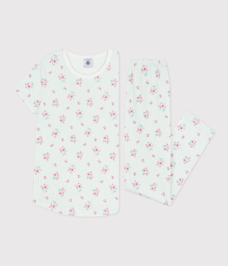 Pijama infantil de algod&oacute;n de manga corta y pierna larga con flores blanco/multicolor