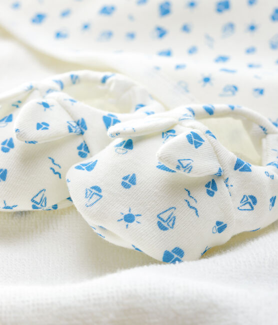 Estuche con toalla cuadrada y patucos de bebé de esponja y algodón ecológico blanco MARSHMALLOW/azul COOL