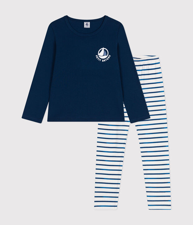 Pijama infantil de manga larga de algod&oacute;n blanco/azul