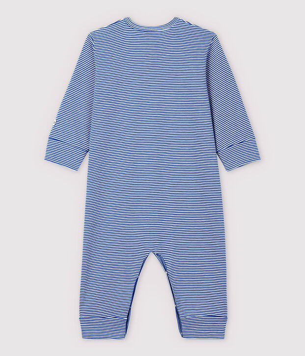 Pijama enterizo sin pies de rayas azules de algod&oacute;n de beb&eacute; azul/blanco