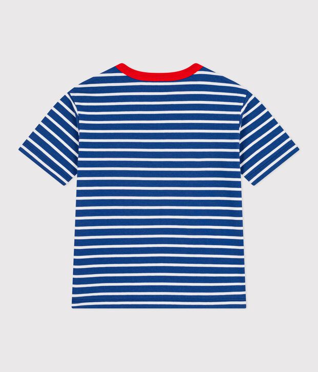 Camiseta infantil de manga corta de algod&oacute;n a rayas azul/blanco