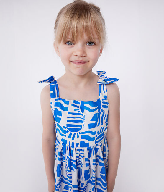 Vestido infantil largo de tirantes de algodón estampado azul MARSHMALLOW/ PORCELANA