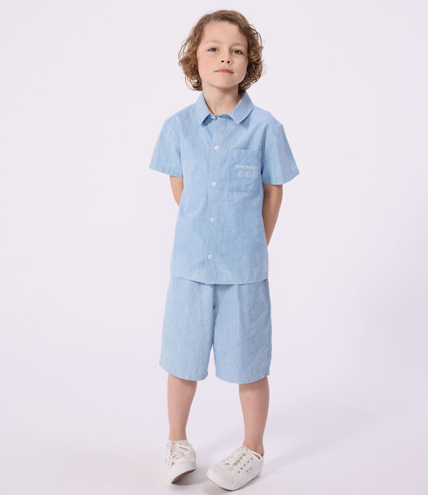 Bermudas cortas infantiles de algod&oacute;n liso azul