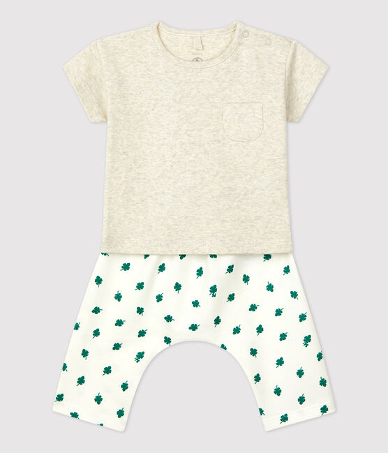 Conjunto de 2 piezas con estampado vegetal de muletón ecológico de bebé beige MONTELIMAR/blanco MULTICO