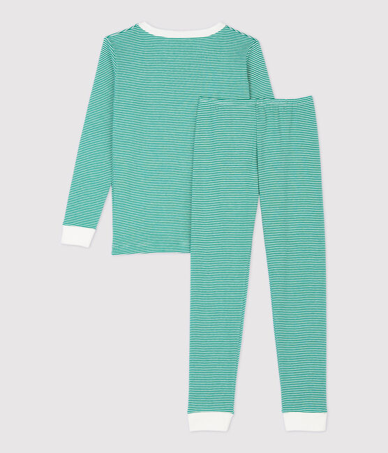 Pijama snugfit milrayas de niño de algodón orgánico verde PIVERT/blanco MARSHMALLOW