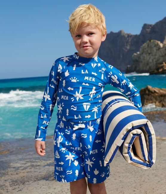 Camiseta infantil de baño anti-UV de manga larga con estampado azul PORCELANA/ MARSHMALLOW