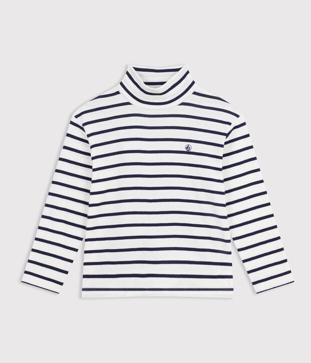 Camiseta infantil de cuello alto de algod&oacute;n a rayas blanco/azul