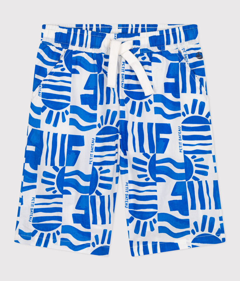 Bermudas cortas infantiles de algod&oacute;n con estampado blanco/azul