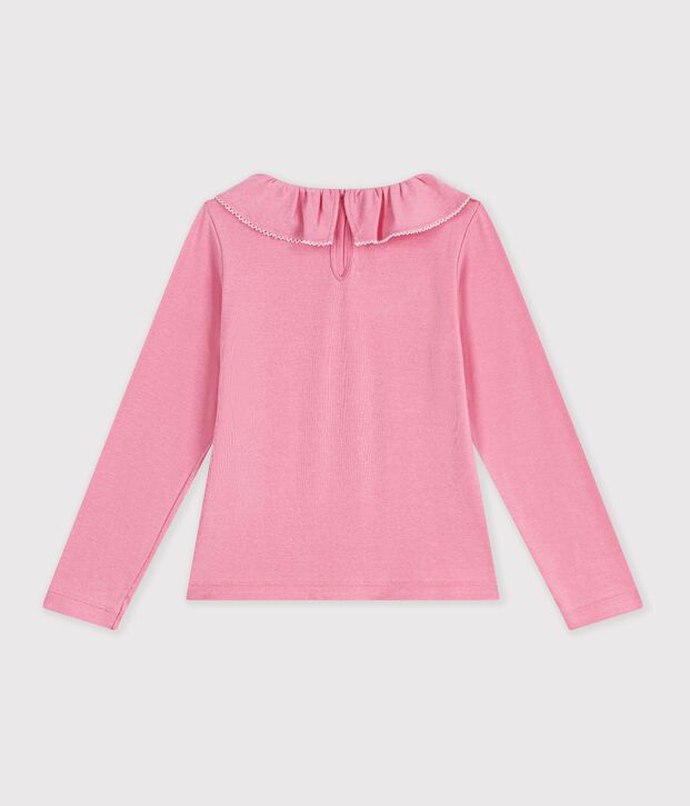 Camiseta infantil lisa de algod&oacute;n con cuello de manga larga rosa
