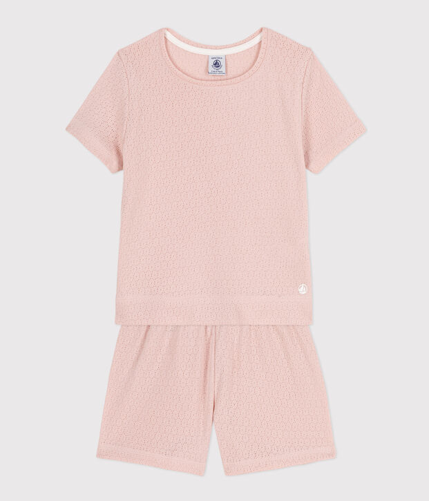 Pijama corto y liso de algod&oacute;n calado para ni&ntilde;a rosa
