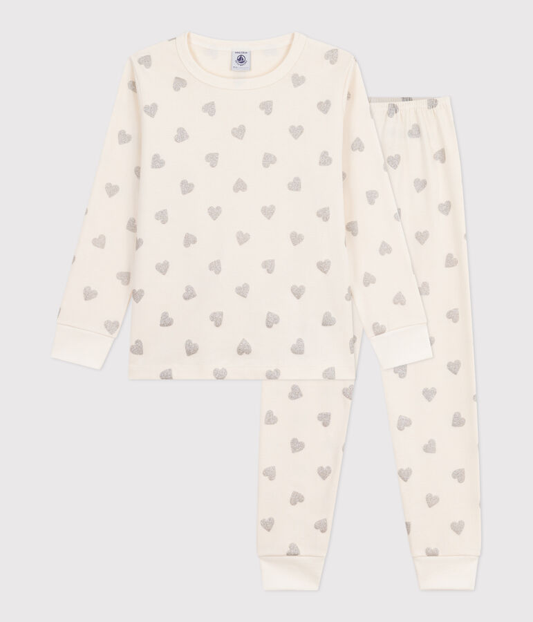 Pijama infantil de algod&oacute;n con estampado de corazones plateados crudo/gris