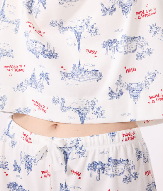 Pijama corto de algodón con estampado de París para mujer blanco MARSHMALLOW/blanco MULTICO