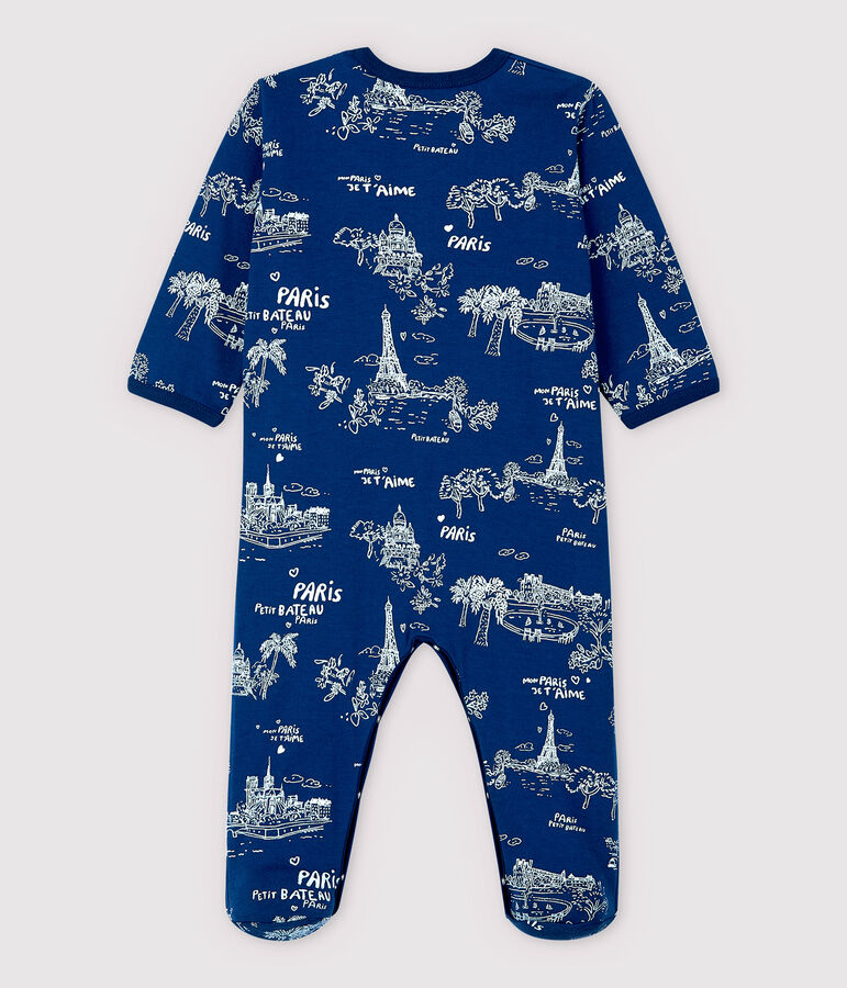 Pijama enterizo de tela de Jouy Par&iacute;s en tejido tubular de beb&eacute; azul/blanco