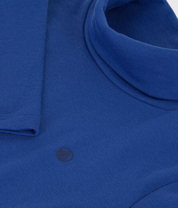 Camiseta infantil lisa de cuello alto de algod&oacute;n azul