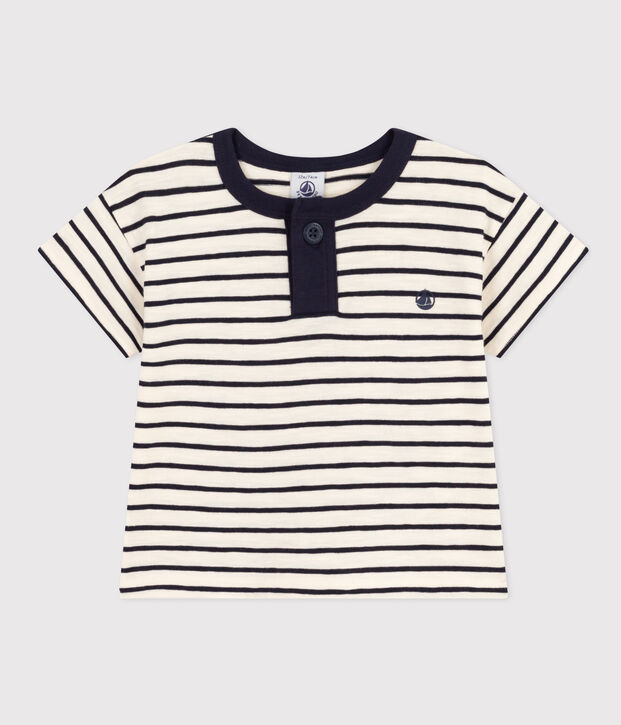 Camiseta de manga corta de punto flameado para beb&eacute; crudo/azul
