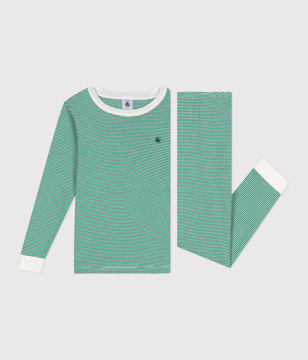 Pijama infantil muy ajustado de algod&oacute;n a rayas verde/blanco