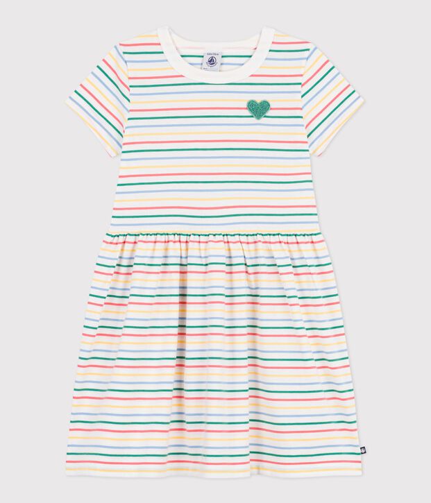 Vestido infantil de algod&oacute;n de manga corta a rayas blanco/multicolor