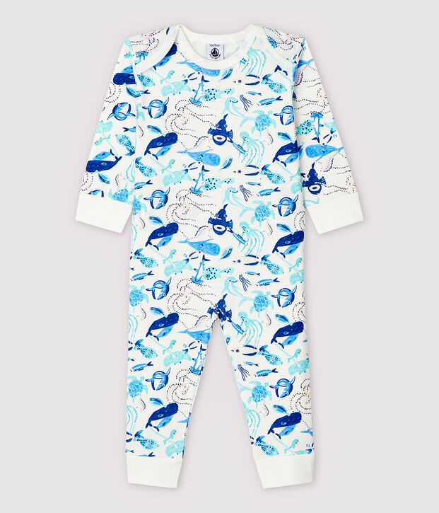 Pijama enterizo sin botones de presi&oacute;n con fondos marinos de algod&oacute;n de beb&eacute; blanco/multicolor