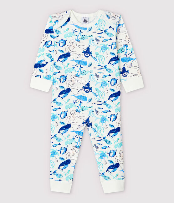 Pijama enterizo sin botones de presión con fondos marinos de algodón de bebé blanco MARSHMALLOW/blanco MULTICO