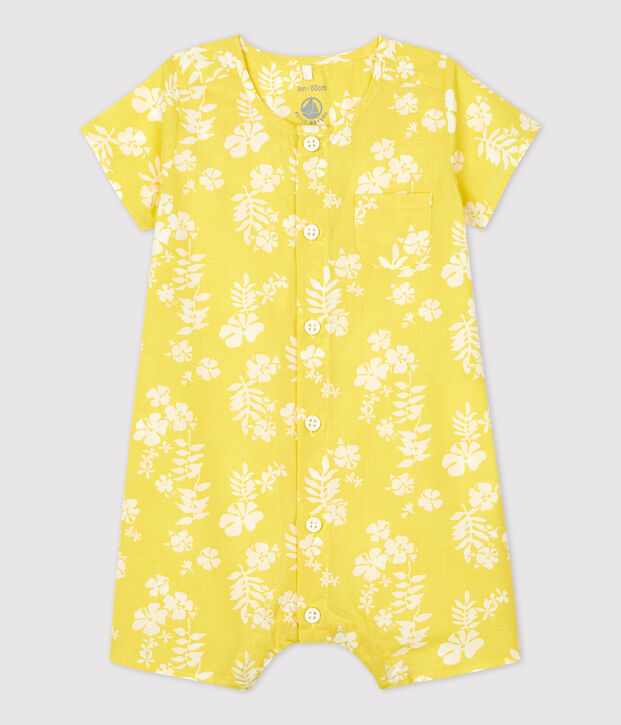 Mono corto con estampado hawaiano de popelina ecol&oacute;gica de beb&eacute; amarillo/blanco