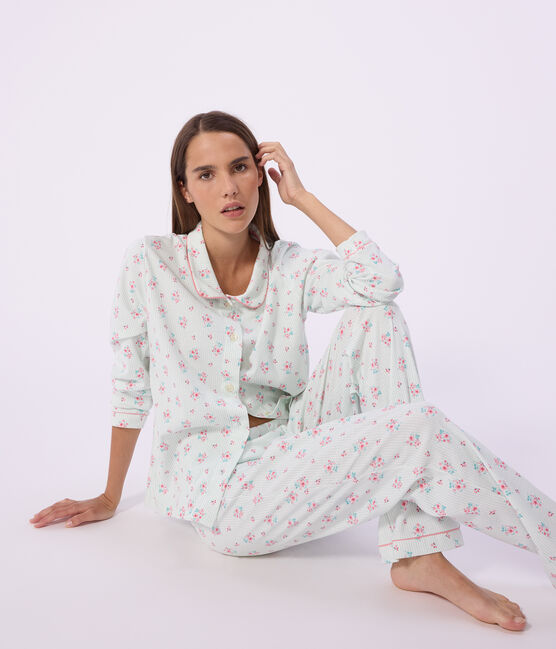 Pijama abotonado de algodón estampado para mujer blanco MARSHMALLOW/blanco MULTICO
