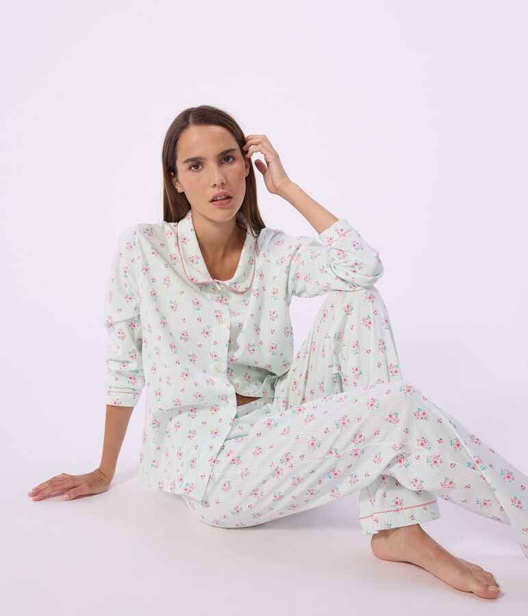 Pijama abotonado de algod&oacute;n estampado para mujer blanco/multicolor