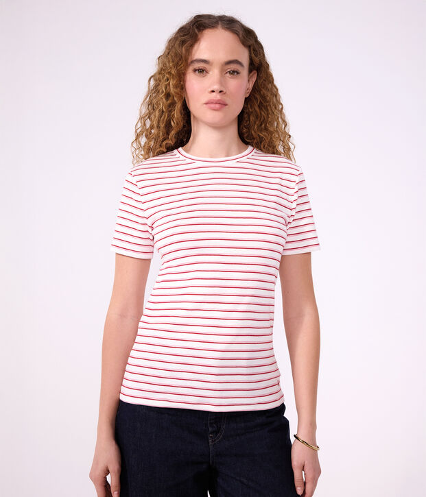 Camiseta de algod&oacute;n de manga corta a rayas para mujer blanco/rojo