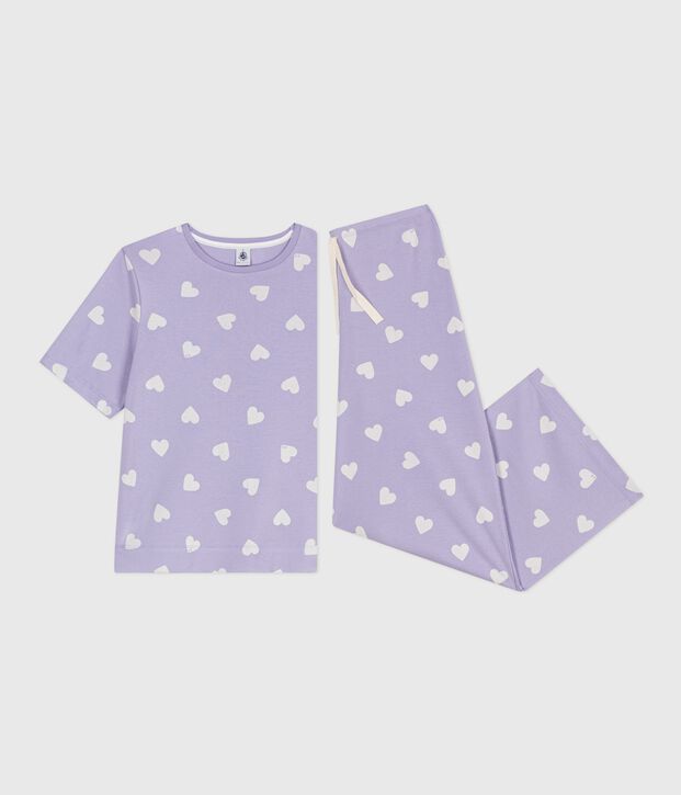 Pijama de mujer de algod&oacute;n con estampado de corazones, manga corta y perneras anchas violeta/blanco