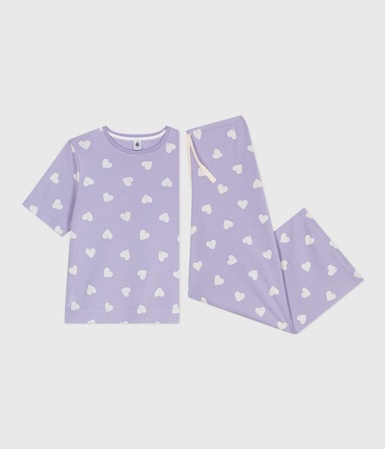 Pijama de mujer de algod&oacute;n con estampado de corazones, manga corta y perneras anchas violeta/blanco