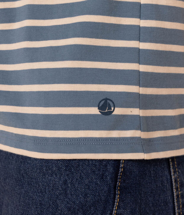 Camiseta LA RECTA de algod&oacute;n con cuello de pico para mujer azul/crudo